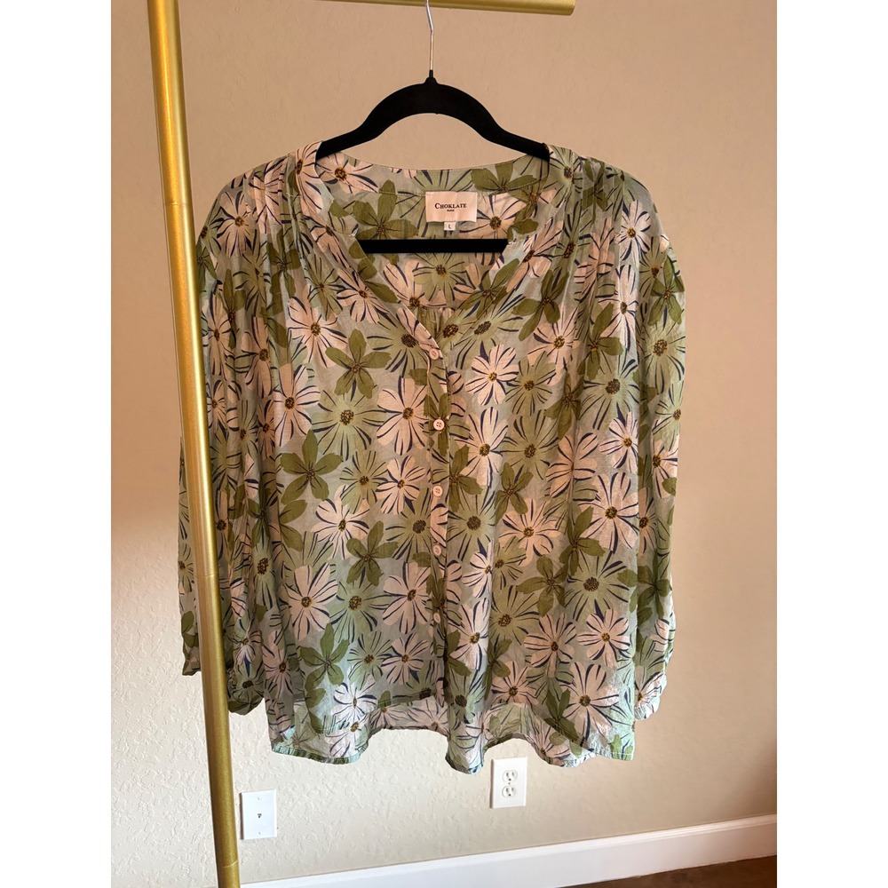 Choklate Paris Blouse Silk Blend Floral Sage Green White Daisy L Garden Nature